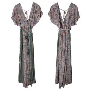 White Waves Pink Floral Print Flowy Jumpsuit Flutter Sleeve One Piece Womens S M